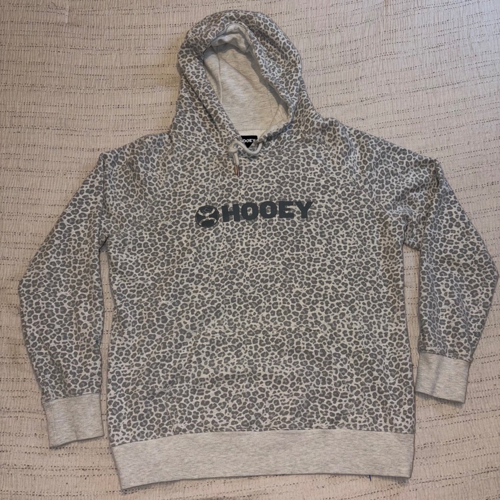 Hooey Womens Grey Leopard Print Logo Pullover Hoodie Sweatshirt Size Large